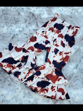 Ruffled Cow Print Flare Pants in White, Rust & Black 2T